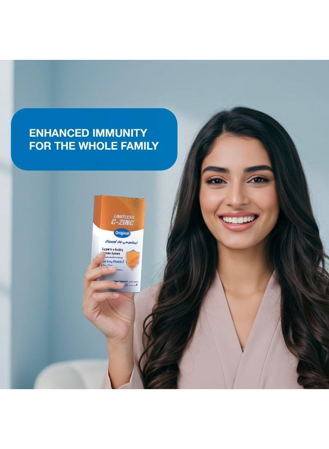 ليمتليس أقراص سي-زنك الأصلية، فيتامين سي وزنك، بنكهة البرتقال والنعناع، ​​لدعم صحة المناعة، للبالغين والأطفال من عمر 6 سنوات فما فوق، 30 قرصًا - Image 4